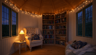Wiveton Summerhouse Lit at Night An octagonal summerhouse at night, lit by fairy lights and a table lamp. An armchair sits next to a full bookshelf